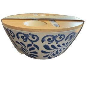 Artisan De Luxe Blue Rose Scroll Melamine 10.5” Serving Salad Bowl Utensils Lid